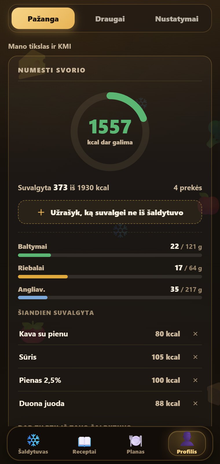 Kalorijų skaičiuoklės ekranas